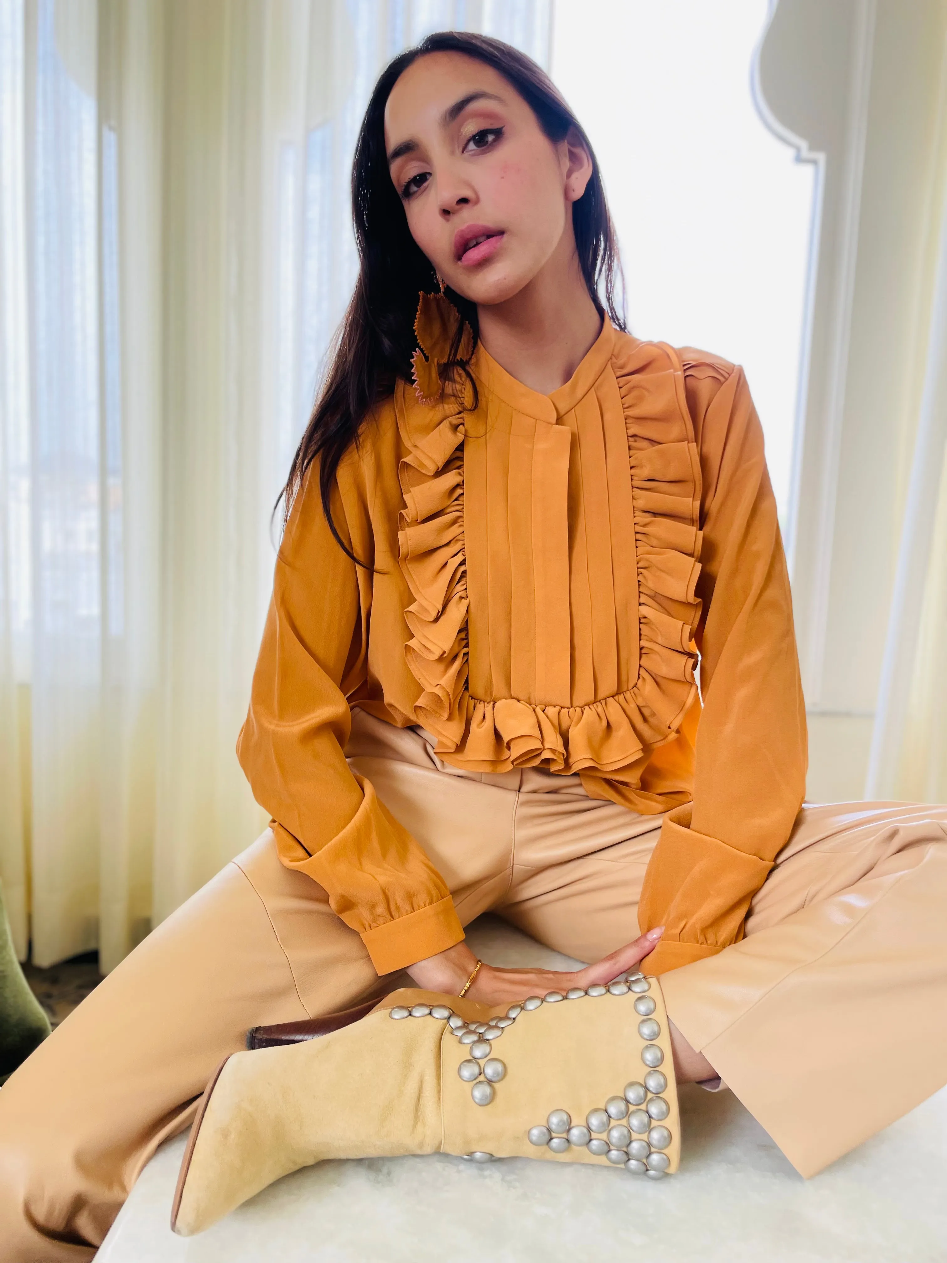Amber Sand Silk Ruffle Blouse