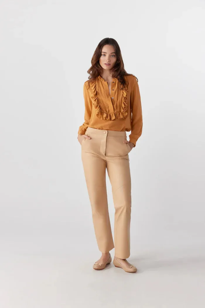 Amber Sand Silk Ruffle Blouse