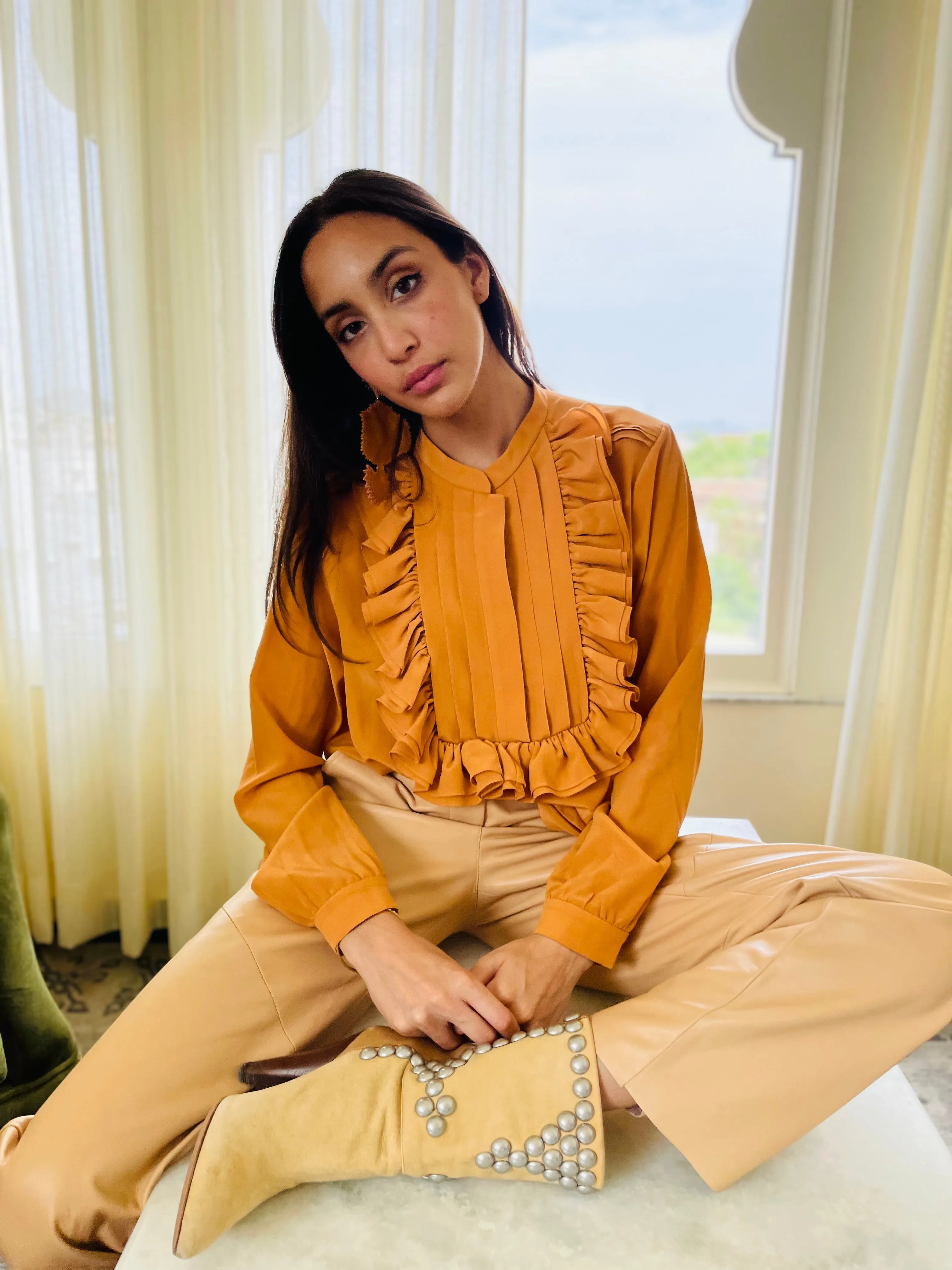 Amber Sand Silk Ruffle Blouse