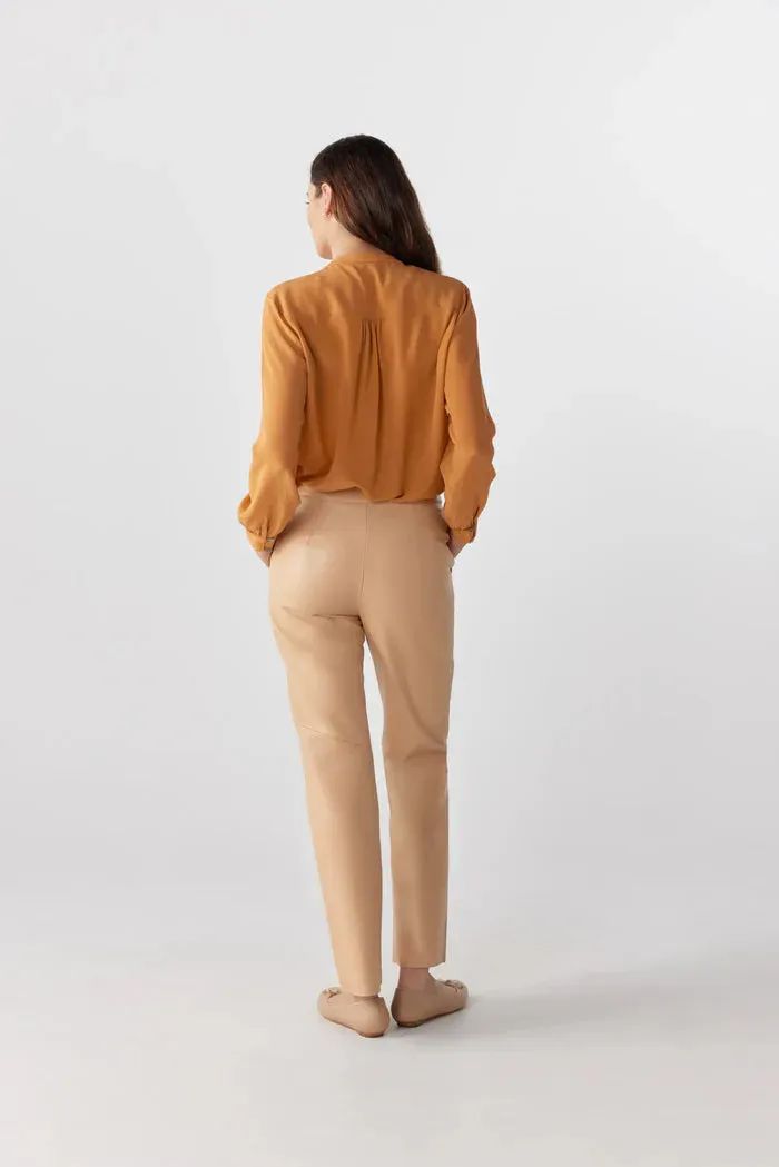 Amber Sand Silk Ruffle Blouse