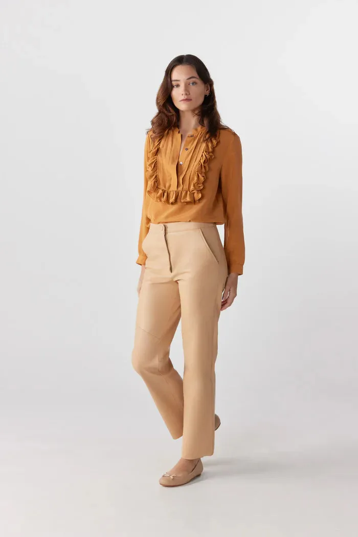 Amber Sand Silk Ruffle Blouse