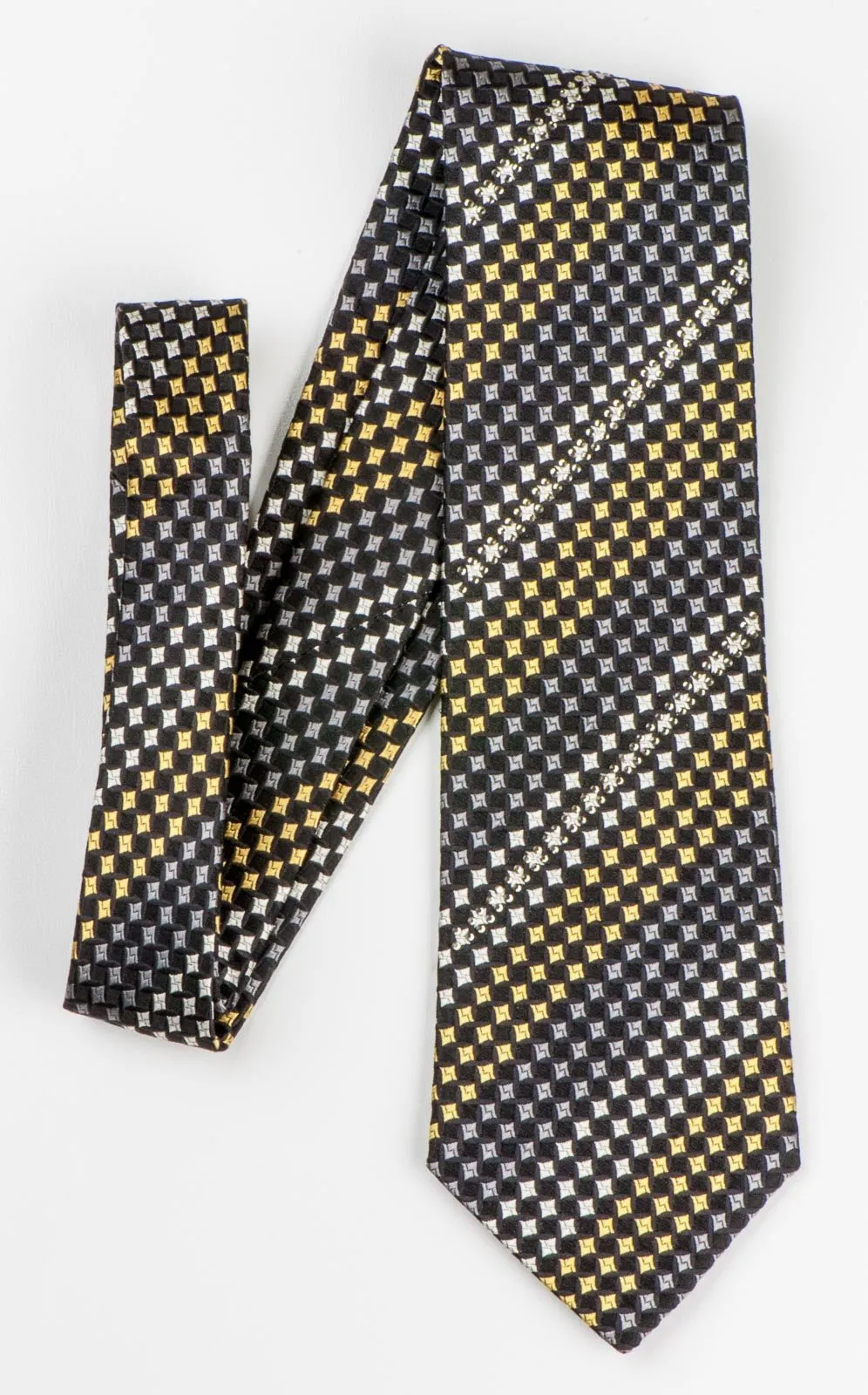 Arnold Palmer Silk Necktie Yellow Black Geometric Check Design With Rhinestones