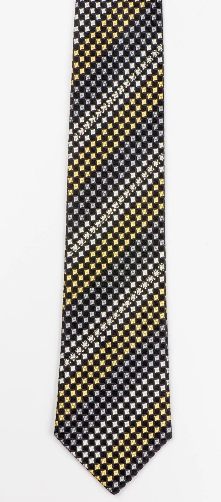 Arnold Palmer Silk Necktie Yellow Black Geometric Check Design With Rhinestones