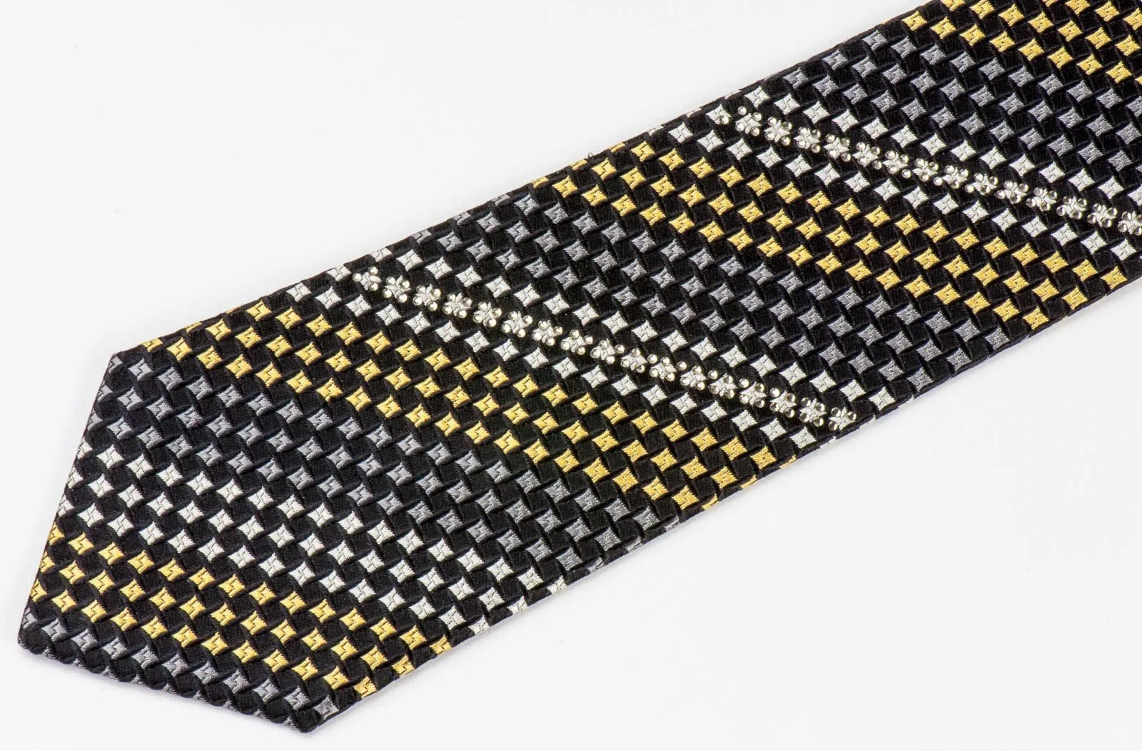 Arnold Palmer Silk Necktie Yellow Black Geometric Check Design With Rhinestones