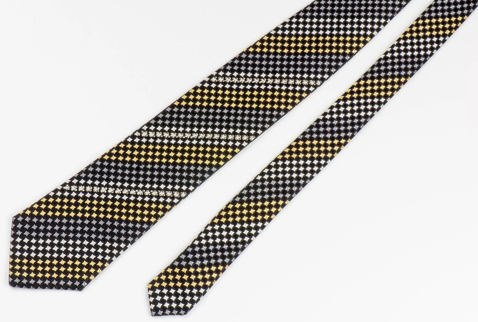 Arnold Palmer Silk Necktie Yellow Black Geometric Check Design With Rhinestones