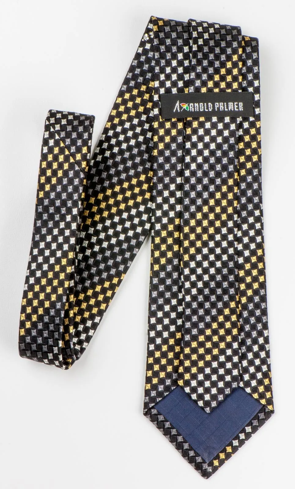 Arnold Palmer Silk Necktie Yellow Black Geometric Check Design With Rhinestones