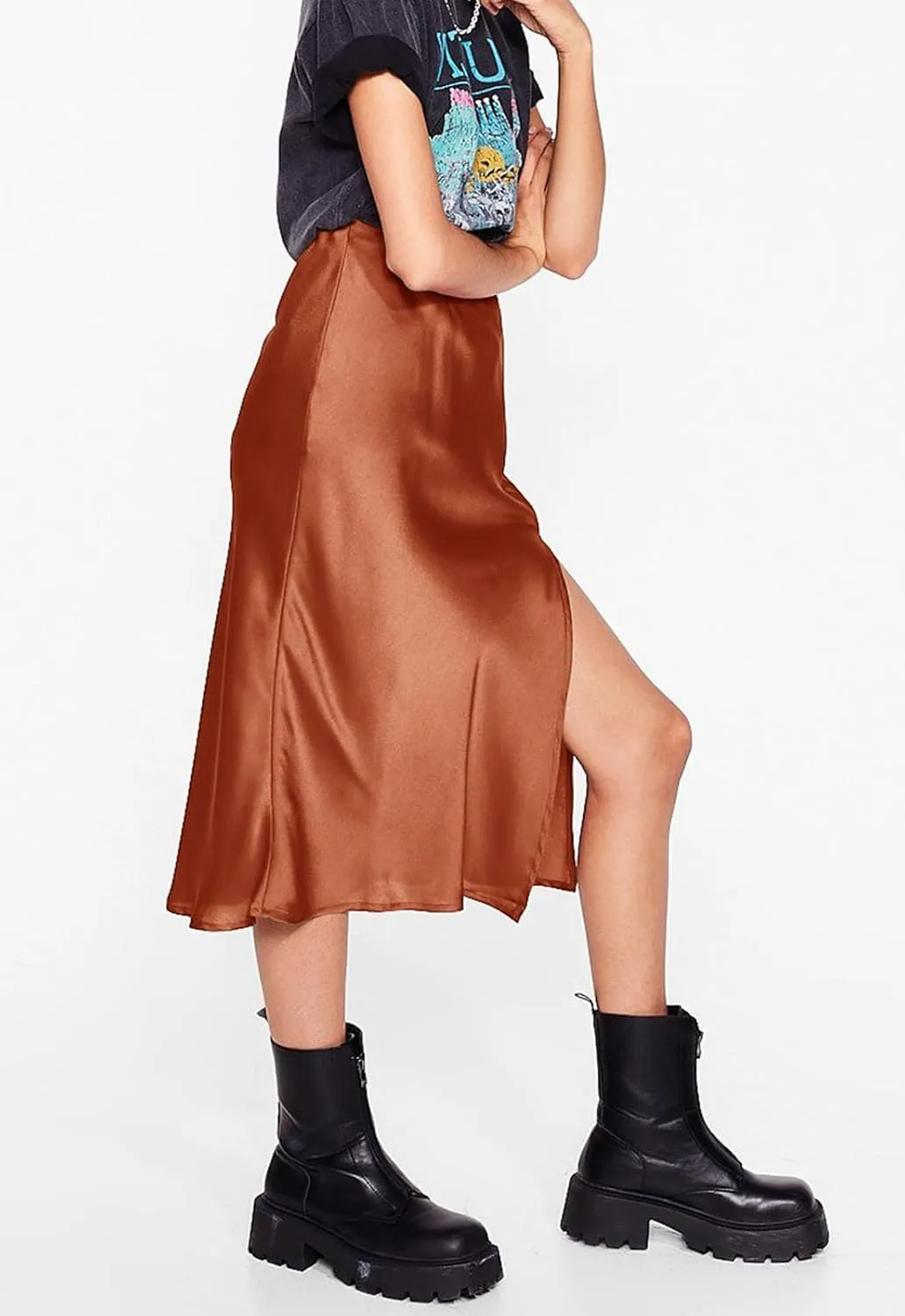 ATHX Women's Elegant Satin Midi Skirt Dressy Summer Casual High Waisted Solid Silk Split Cocktail Party Skirts