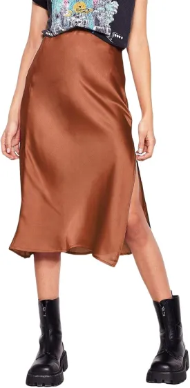 ATHX Women's Elegant Satin Midi Skirt Dressy Summer Casual High Waisted Solid Silk Split Cocktail Party Skirts