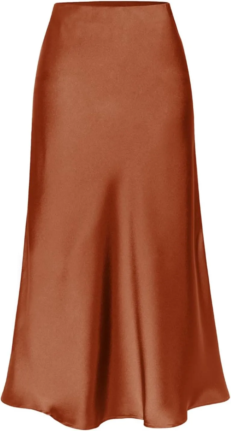 ATHX Women's Elegant Satin Midi Skirt Dressy Summer Casual High Waisted Solid Silk Split Cocktail Party Skirts