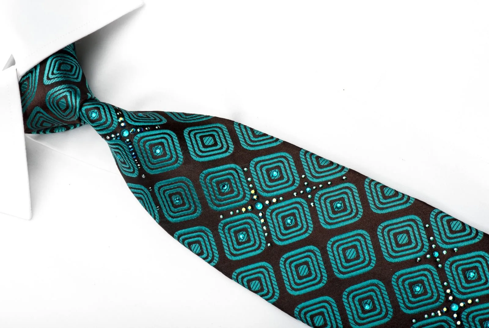 Charles Jourdan Men's Silk Tie Turquoise Geometric On Black Sparkling With Rhinestones