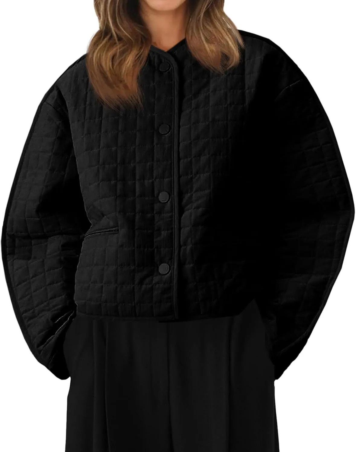 Cicy Bell Womens Lightweight Quilted Jacket Fall Casual Collarless Puffer Coats Long Sleeve Button Down Outerwear