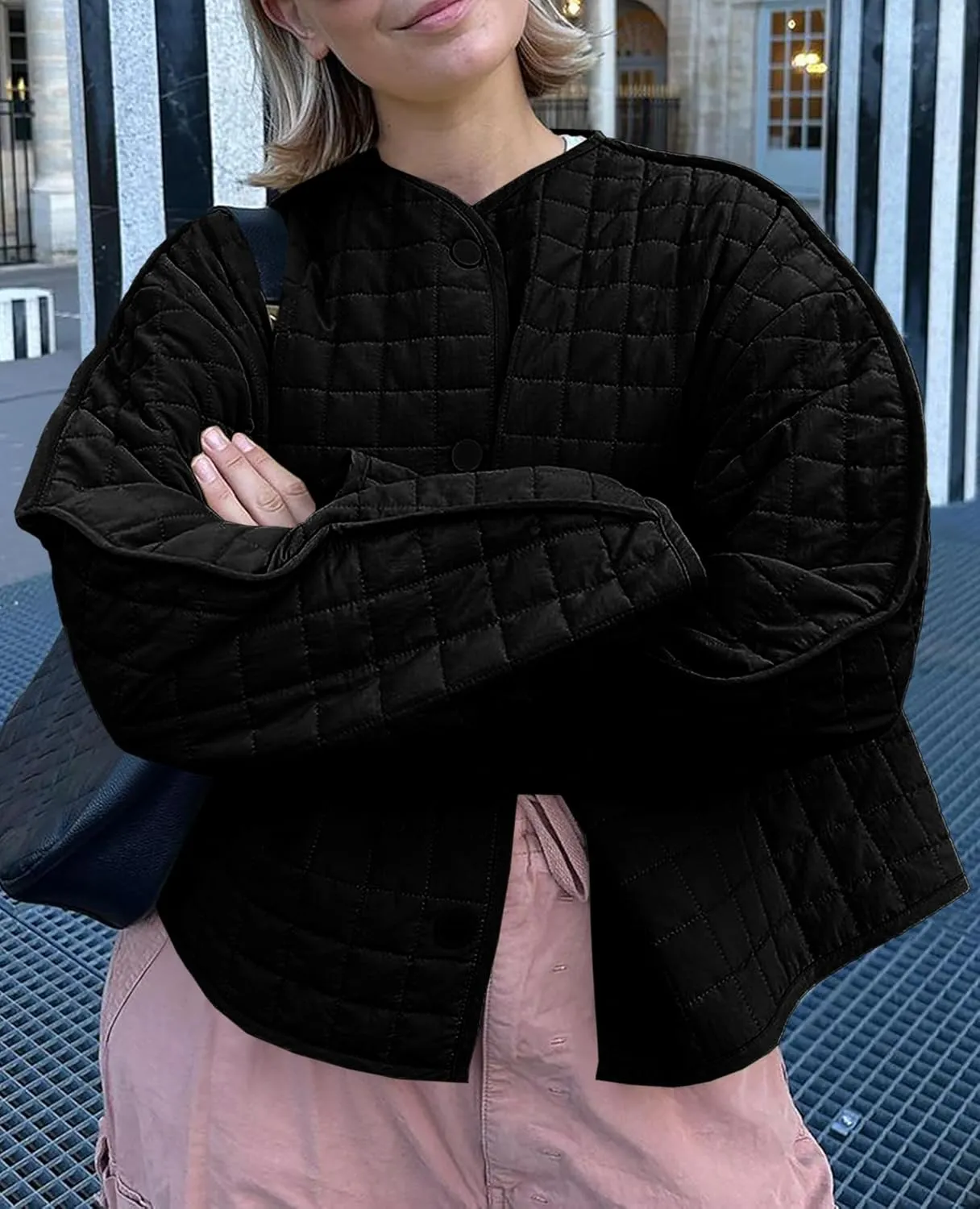 Cicy Bell Womens Lightweight Quilted Jacket Fall Casual Collarless Puffer Coats Long Sleeve Button Down Outerwear