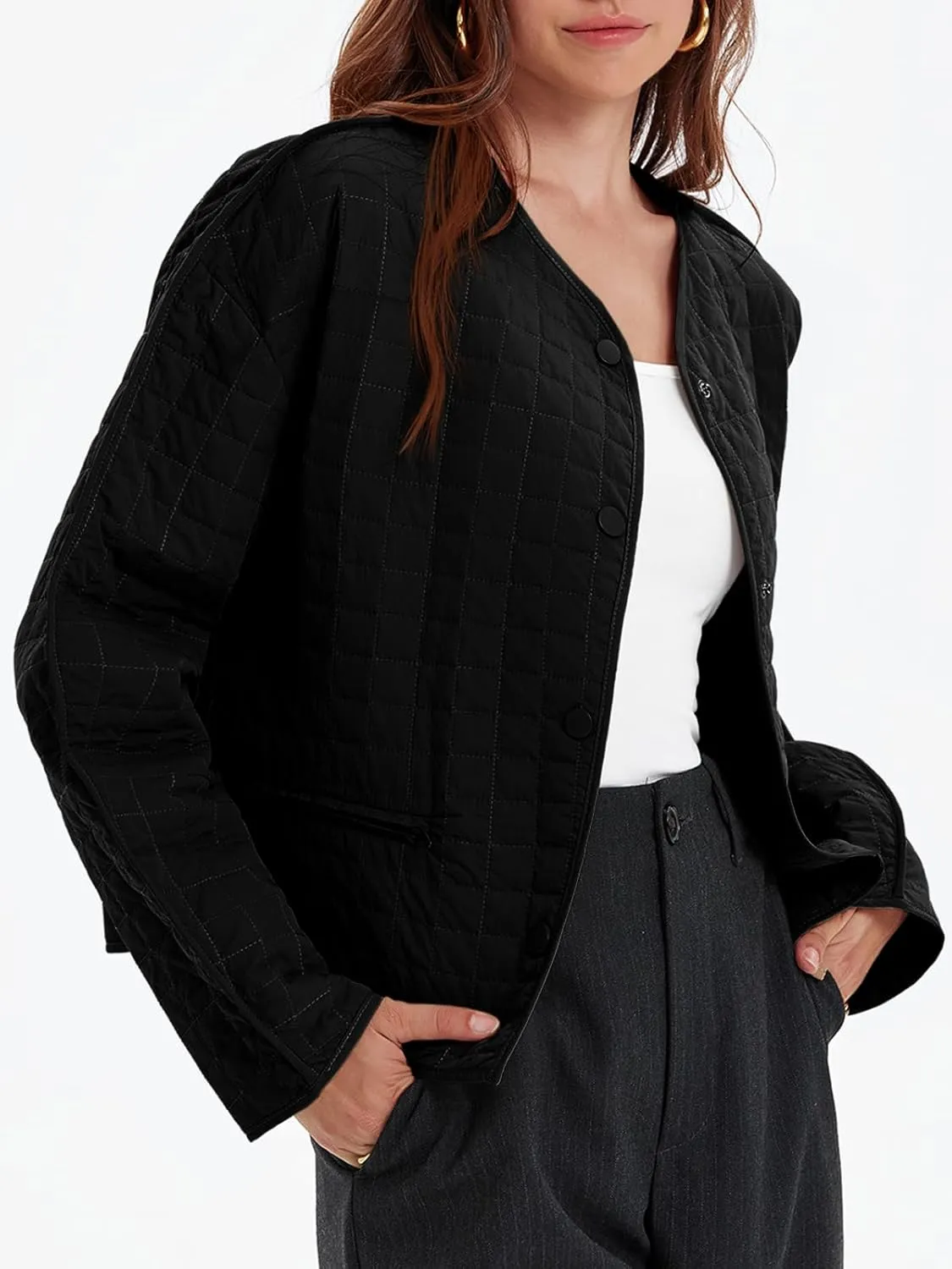 Cicy Bell Womens Lightweight Quilted Jacket Fall Casual Collarless Puffer Coats Long Sleeve Button Down Outerwear