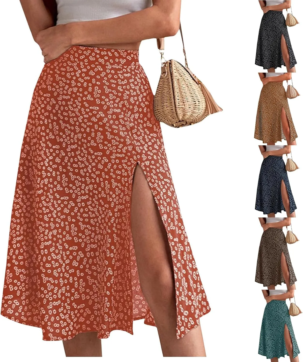 Ditsy Floral Boho Skirt for Women with Slit Summer High Waisted Flowy Midi Skirt Casual A-Line Split Beach Skirt