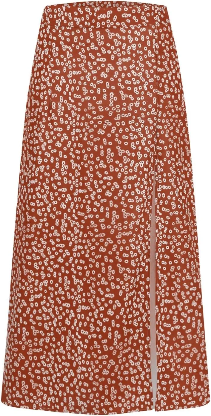 Ditsy Floral Boho Skirt for Women with Slit Summer High Waisted Flowy Midi Skirt Casual A-Line Split Beach Skirt
