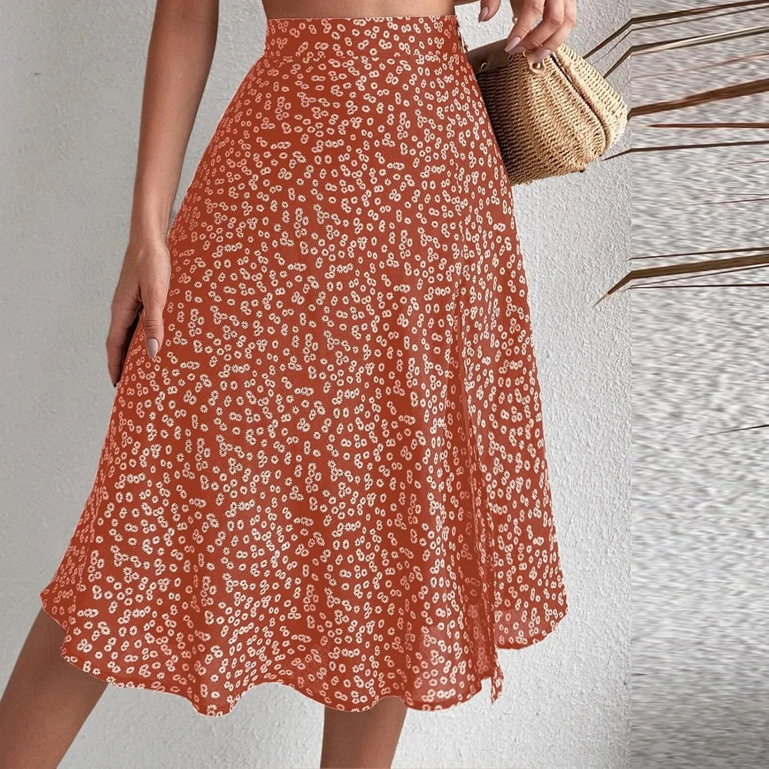 Ditsy Floral Boho Skirt for Women with Slit Summer High Waisted Flowy Midi Skirt Casual A-Line Split Beach Skirt