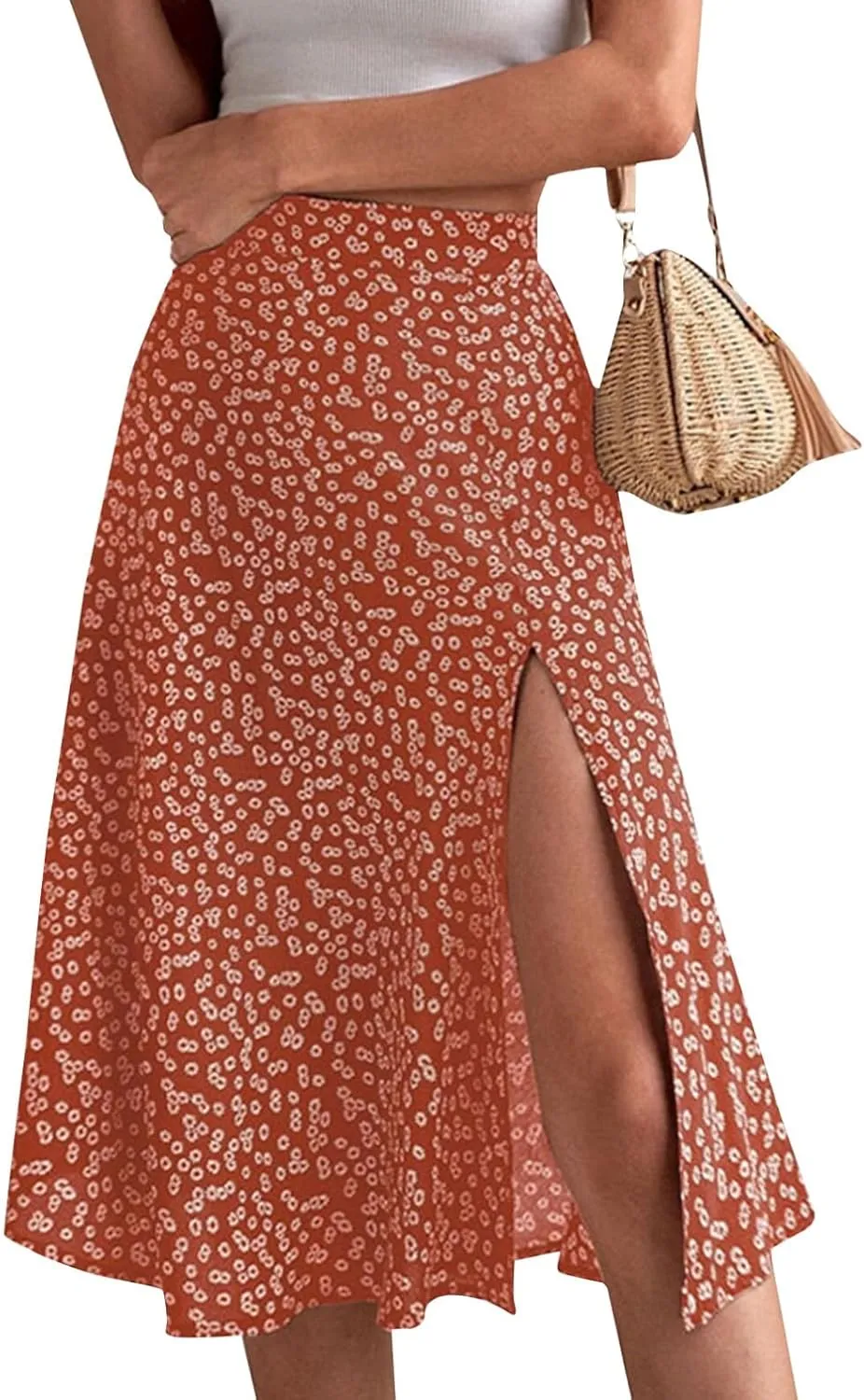 Ditsy Floral Boho Skirt for Women with Slit Summer High Waisted Flowy Midi Skirt Casual A-Line Split Beach Skirt