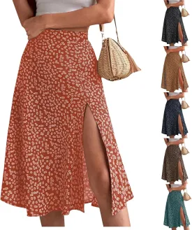 Ditsy Floral Boho Skirt for Women with Slit Summer High Waisted Flowy Midi Skirt Casual A-Line Split Beach Skirt