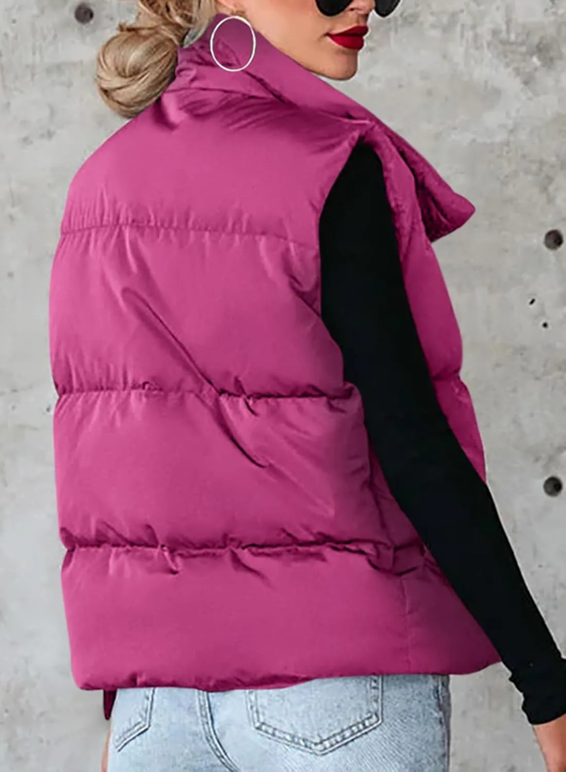 Dokotoo Women's Casual Winter Puffer Vest Sleeveless Cropped Outerwear Warm Lightweight Stand Collar Down Coats with Pockets