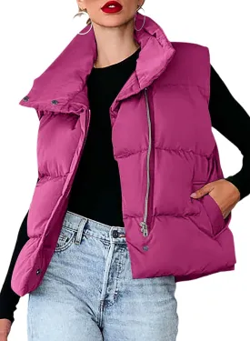Dokotoo Women's Casual Winter Puffer Vest Sleeveless Cropped Outerwear Warm Lightweight Stand Collar Down Coats with Pockets