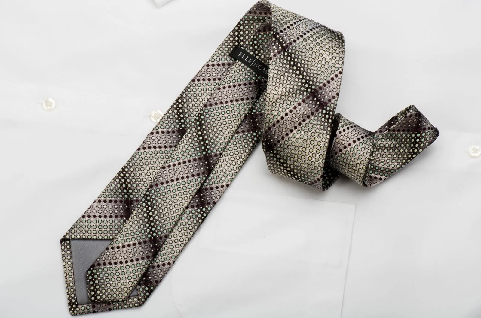 Elle Homme Rhinestone Silk Necktie Green Dots On Silver Sparkling With Rhinestones