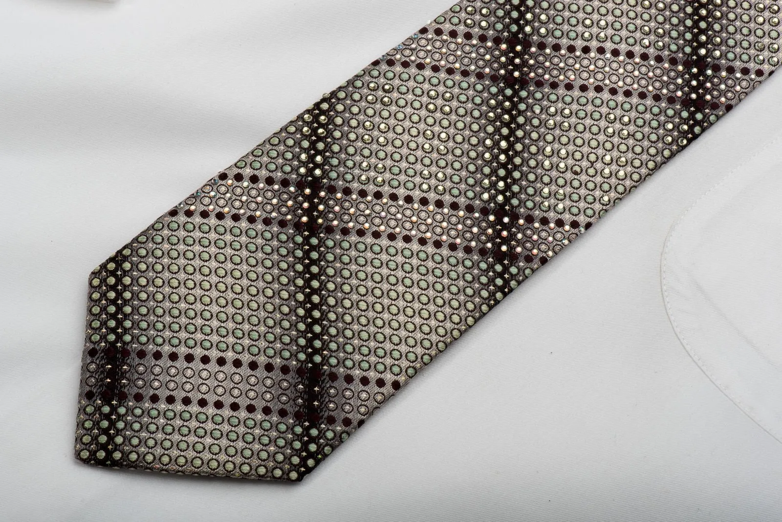 Elle Homme Rhinestone Silk Necktie Green Dots On Silver Sparkling With Rhinestones