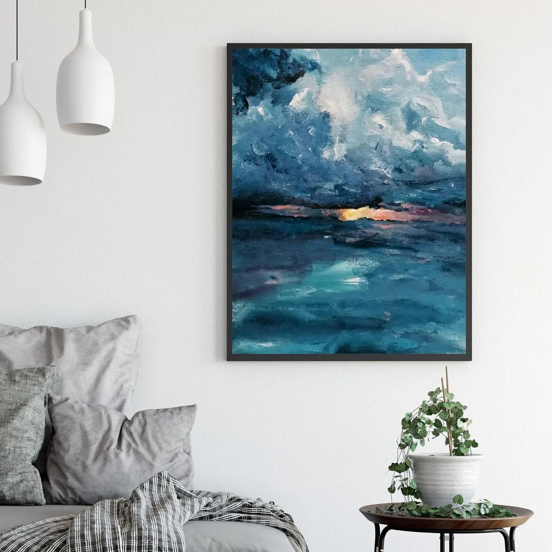 Framed vertical blue & pink abstract seascape wall art print