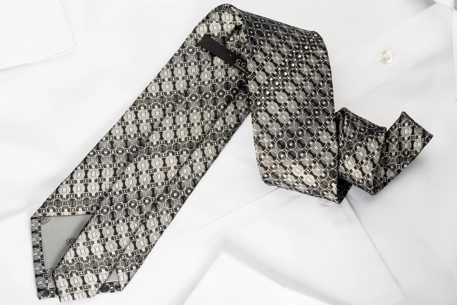GGio Rhinestone Silk Necktie Silver Circles On Black With Sparkles