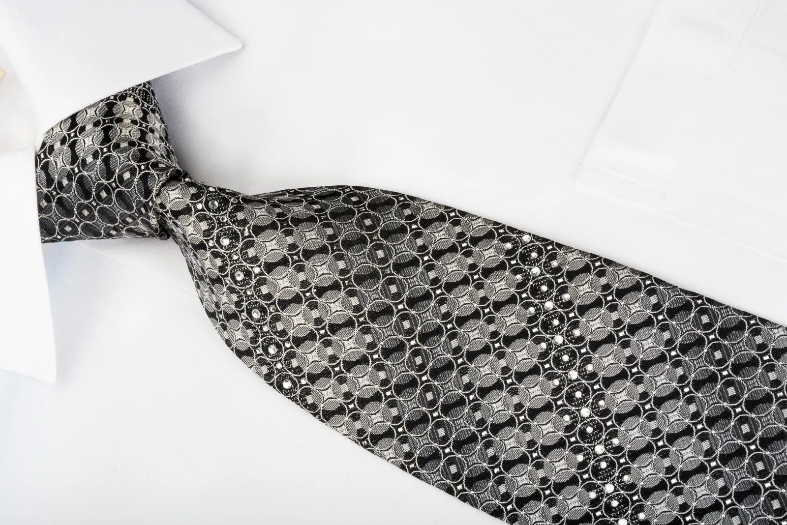 GGio Rhinestone Silk Necktie Silver Circles On Black With Sparkles