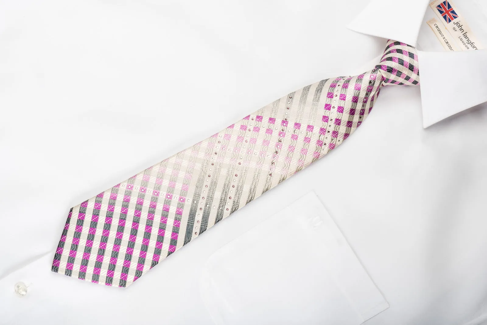 GGio Rhinestone Silk Necktie Silver Purple Striped On White With Sparkles