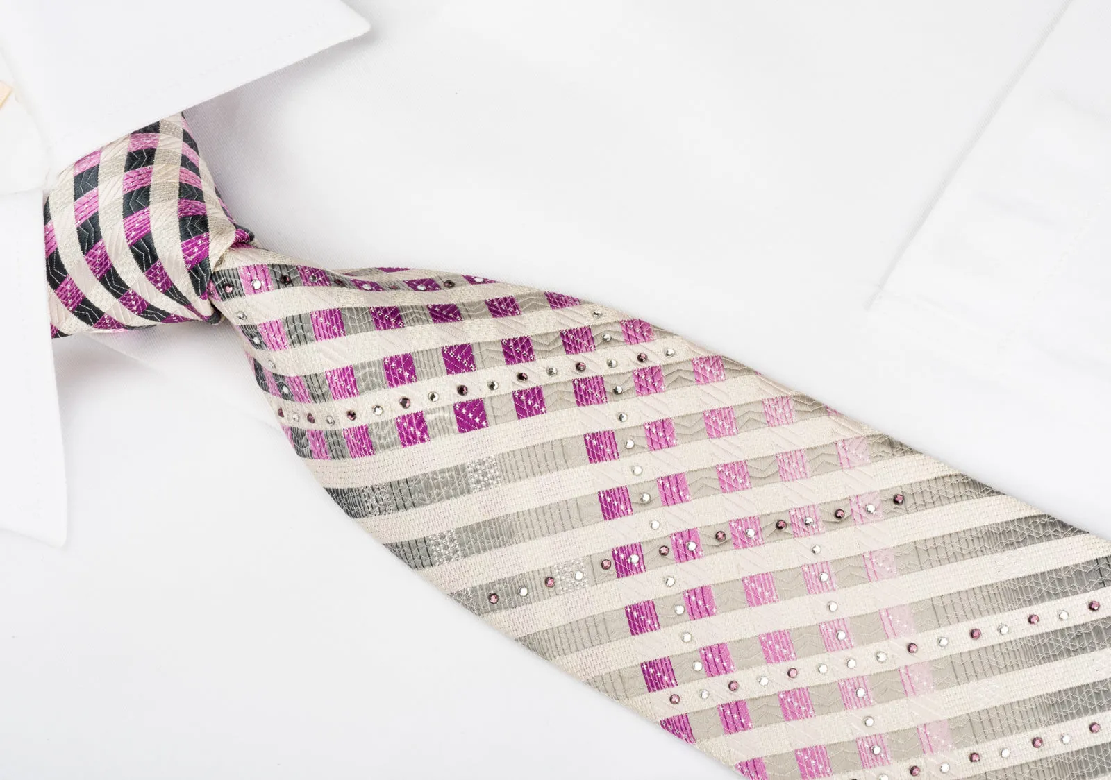 GGio Rhinestone Silk Necktie Silver Purple Striped On White With Sparkles