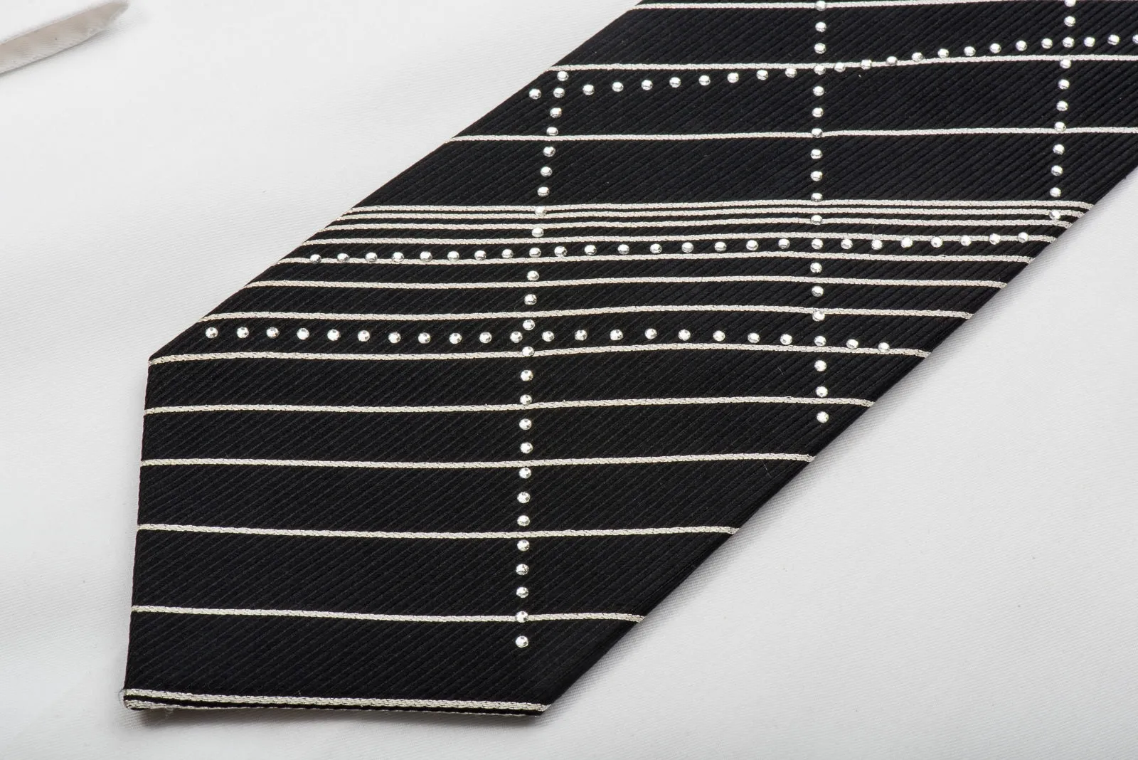 Grand Jour Rhinestone Silk Necktie Silver Stripes On Black With Sparkles