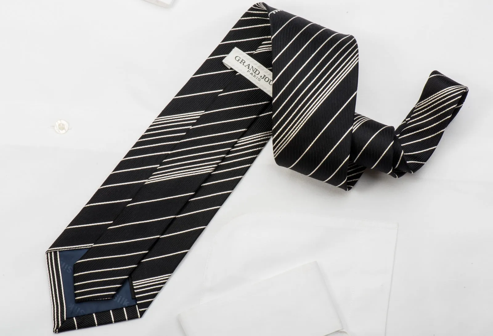 Grand Jour Rhinestone Silk Necktie Silver Stripes On Black With Sparkles