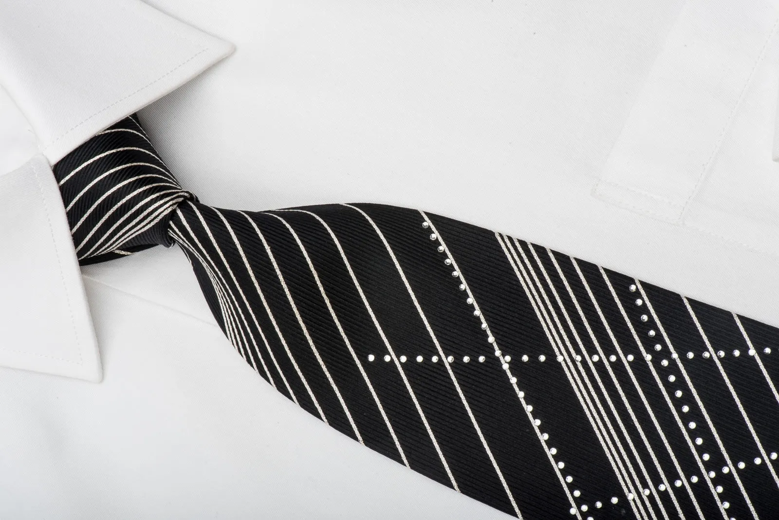 Grand Jour Rhinestone Silk Necktie Silver Stripes On Black With Sparkles