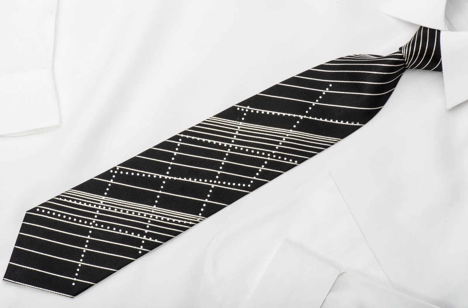 Grand Jour Rhinestone Silk Necktie Silver Stripes On Black With Sparkles