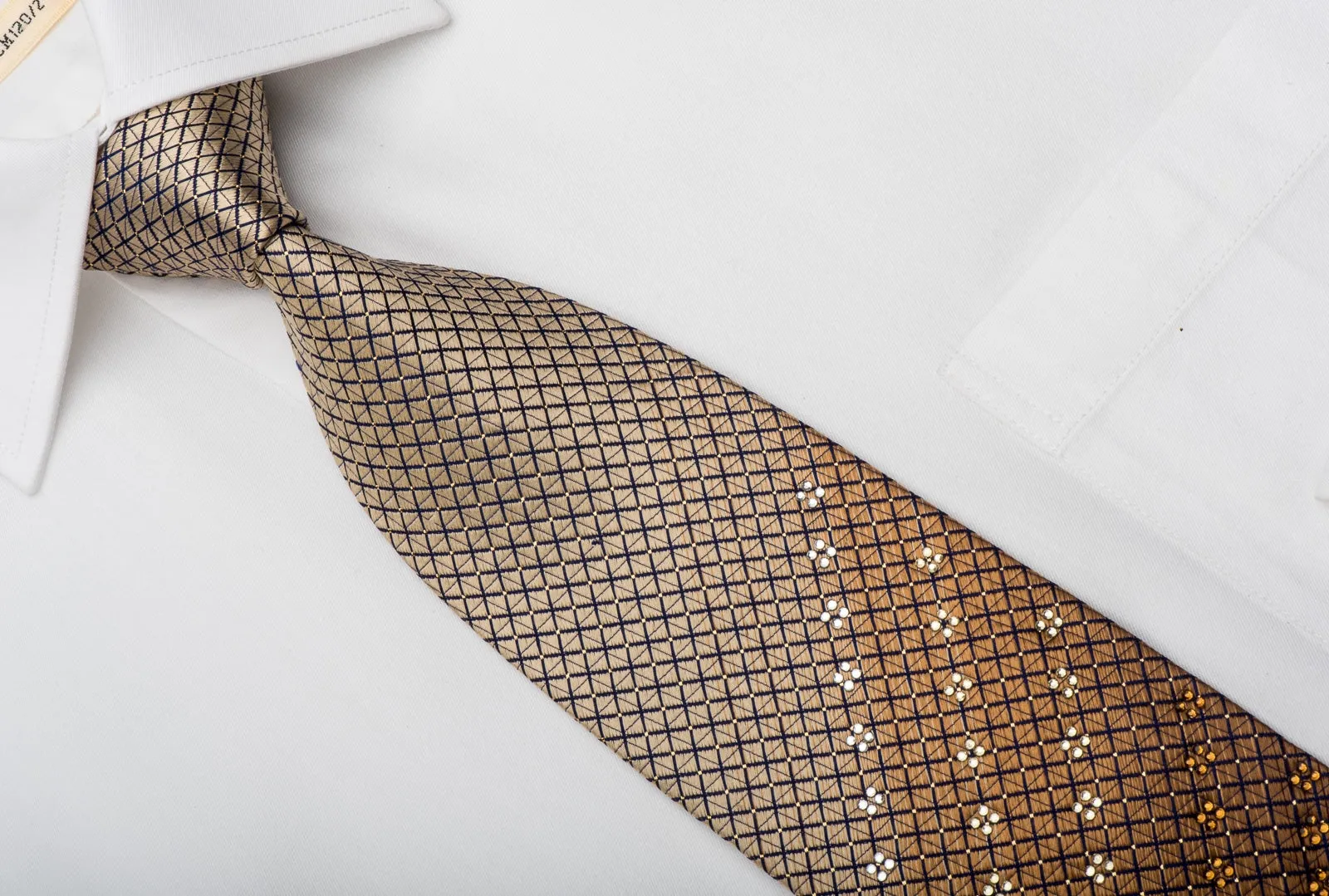 Grang Cia Rhinestone Necktie Blue Trellis On Golden Yellow With Silver Sparkles
