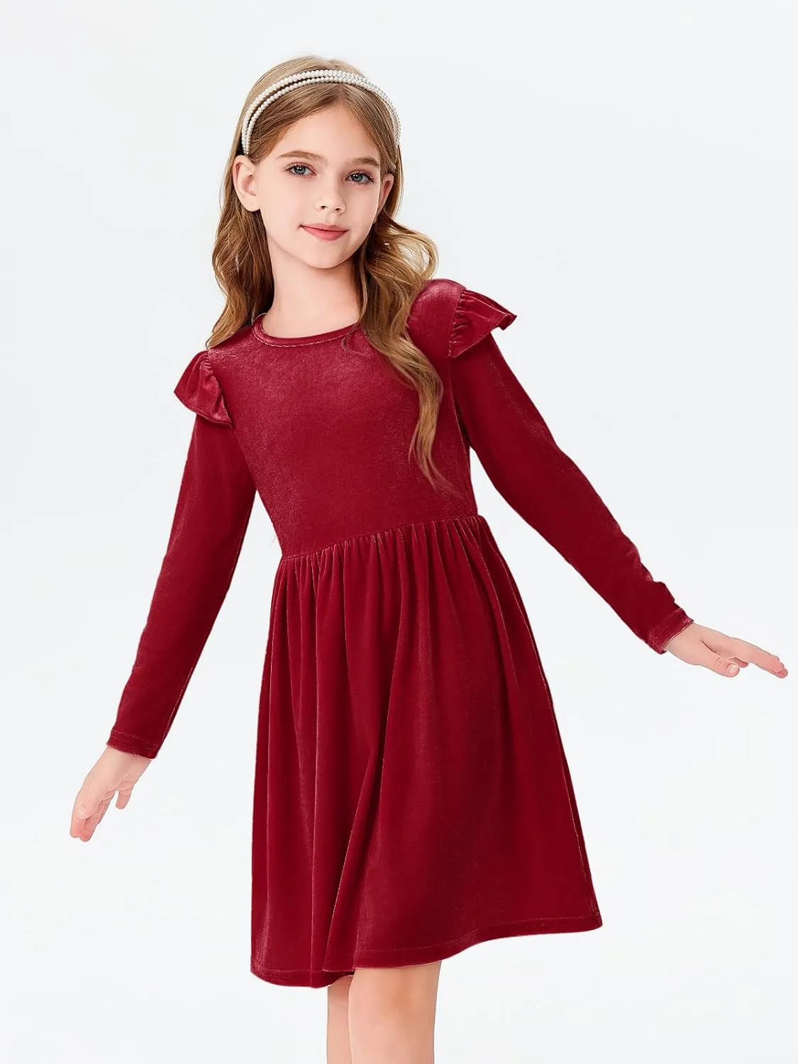 Haloumoning Girls Velvet Dress Ruffled Long Sleeve Casual Spring Fall Dress Princess Christmas Party Dress Winter Outfits
