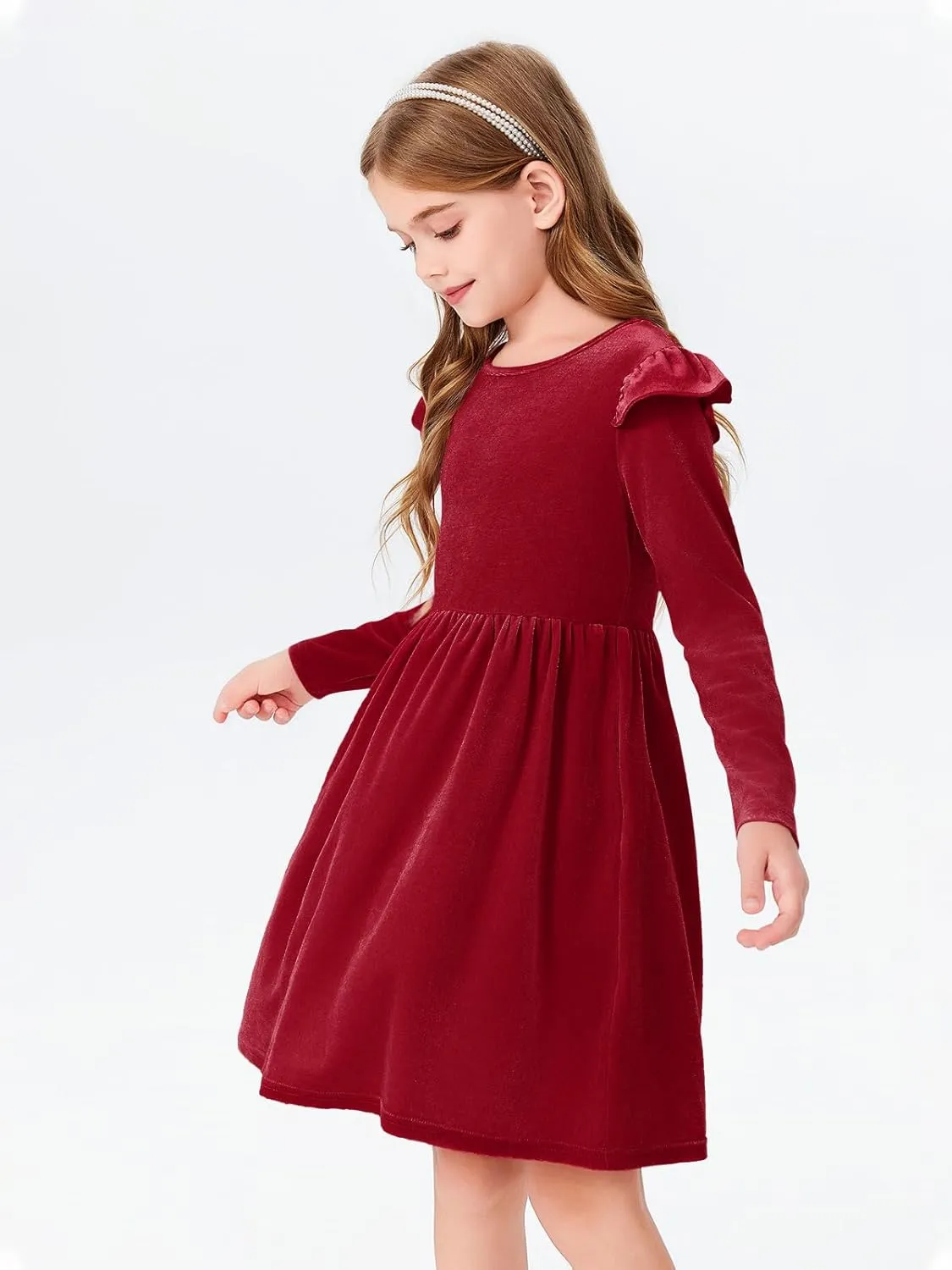 Haloumoning Girls Velvet Dress Ruffled Long Sleeve Casual Spring Fall Dress Princess Christmas Party Dress Winter Outfits
