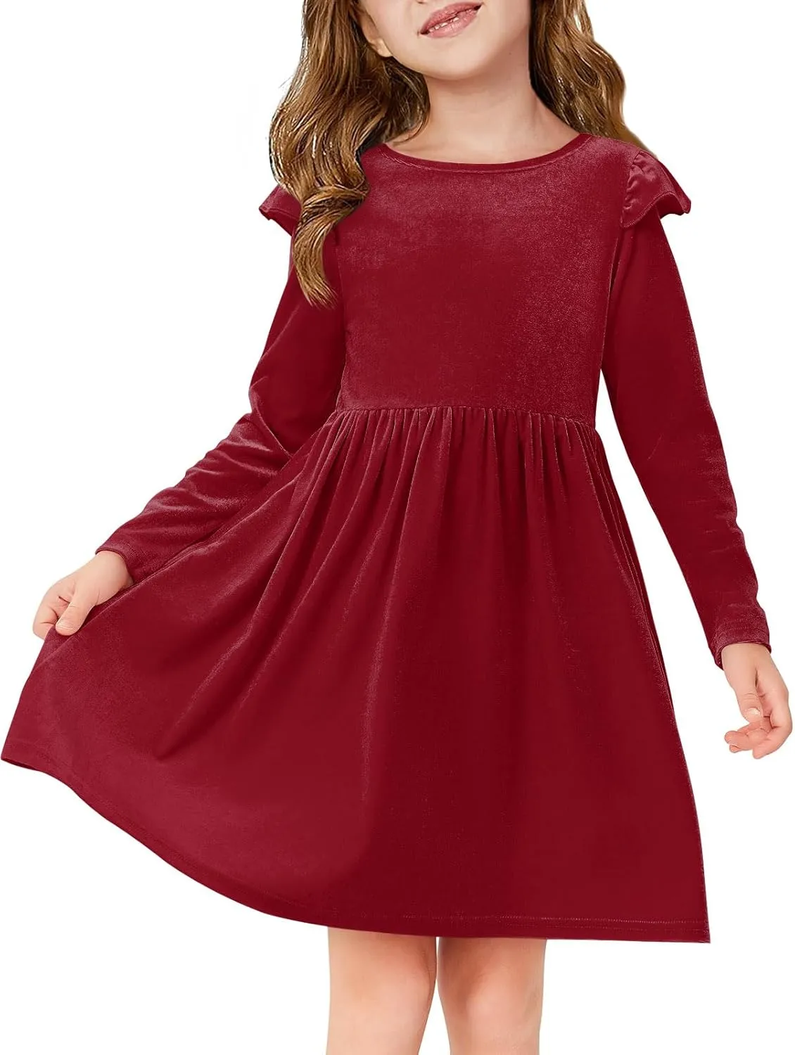 Haloumoning Girls Velvet Dress Ruffled Long Sleeve Casual Spring Fall Dress Princess Christmas Party Dress Winter Outfits