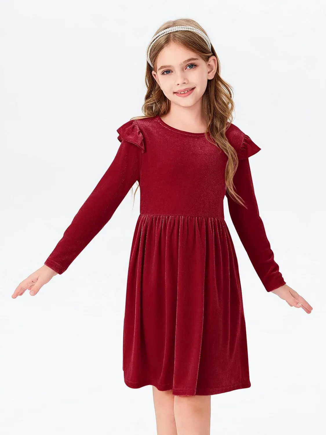 Haloumoning Girls Velvet Dress Ruffled Long Sleeve Casual Spring Fall Dress Princess Christmas Party Dress Winter Outfits