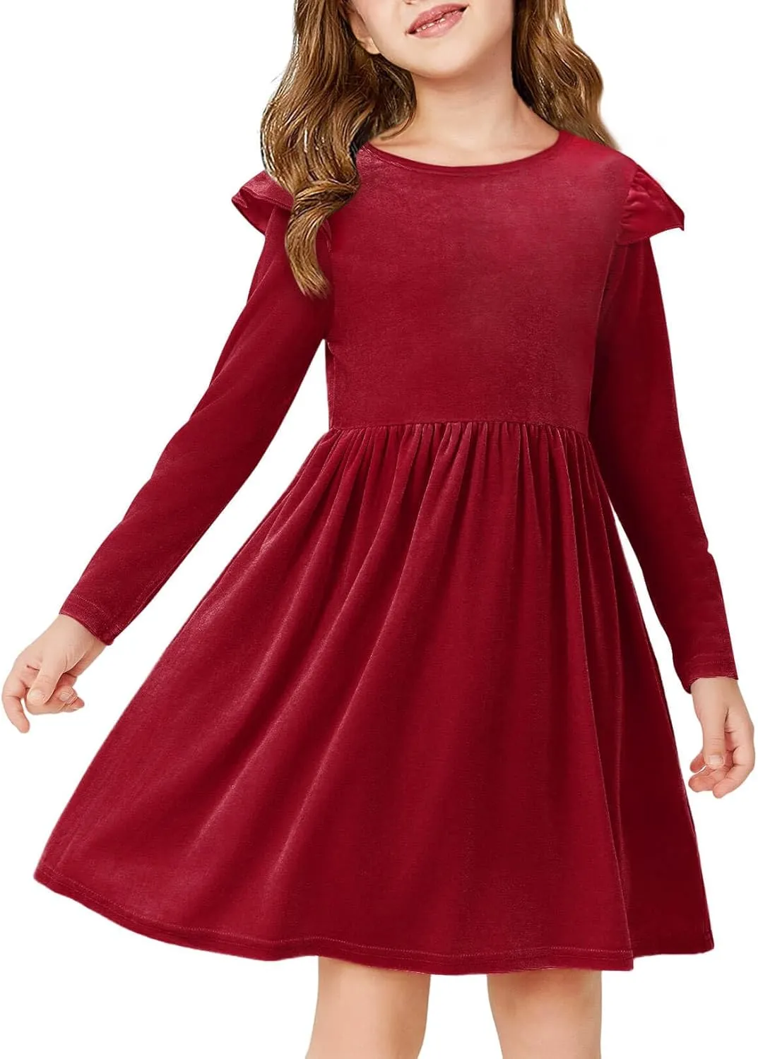 Haloumoning Girls Velvet Dress Ruffled Long Sleeve Casual Spring Fall Dress Princess Christmas Party Dress Winter Outfits