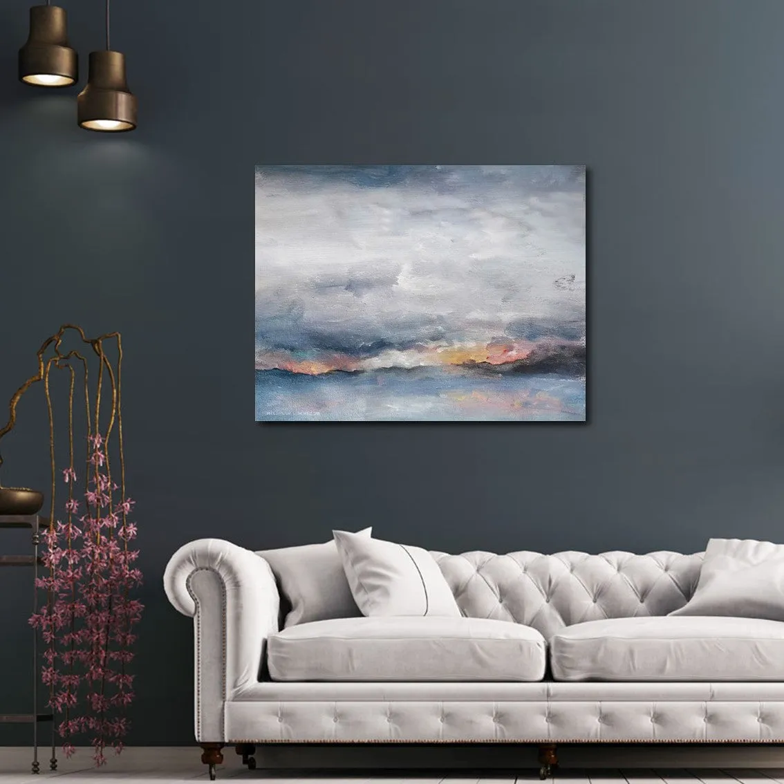 Horizontal grey & pink abstract landscape wall art print