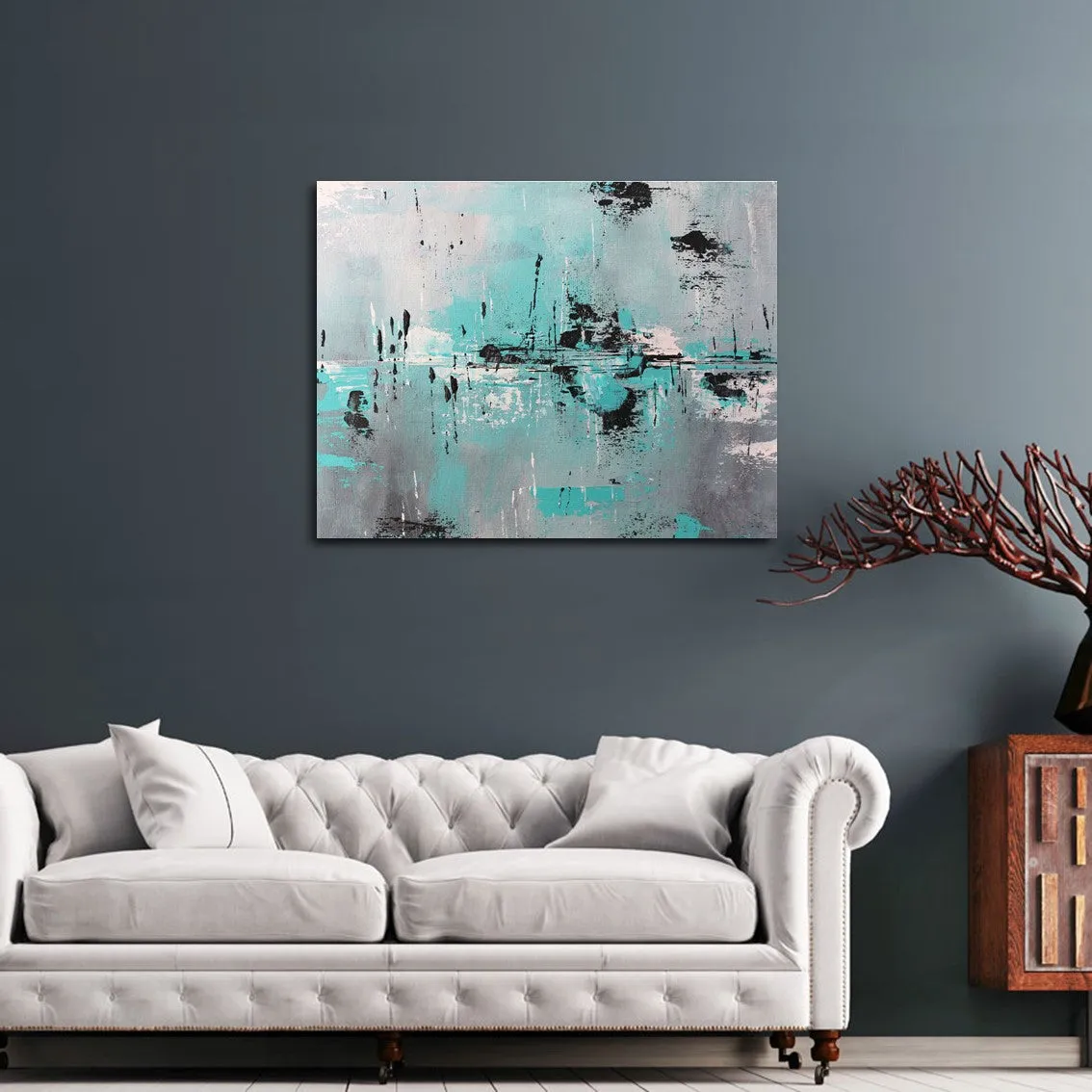 Horizontal neutral & teal abstract wall art print