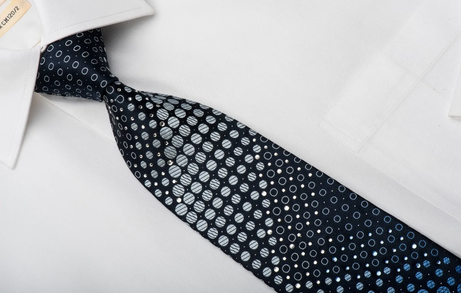 Indian Homme Rhinestone Silk Necktie Geometric On Blue With Silver Sparkles
