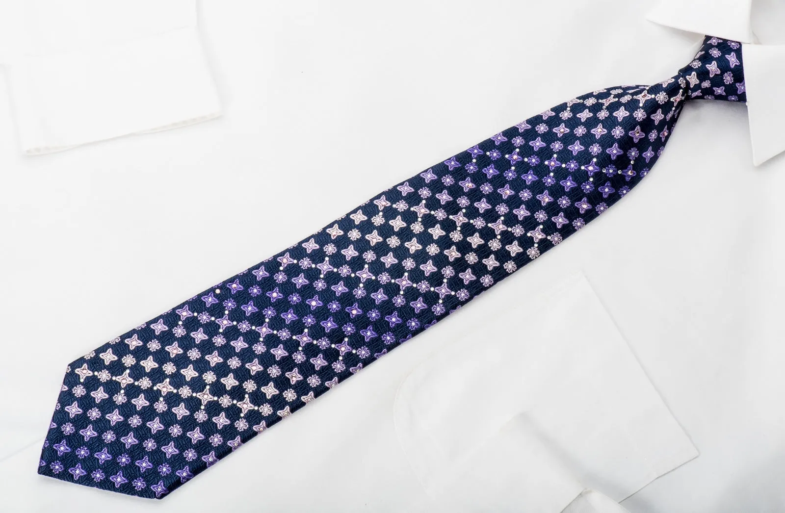 Indian Homme Rhinestone Silk Tie Purple Foulard On Navy With Silver Sparkles