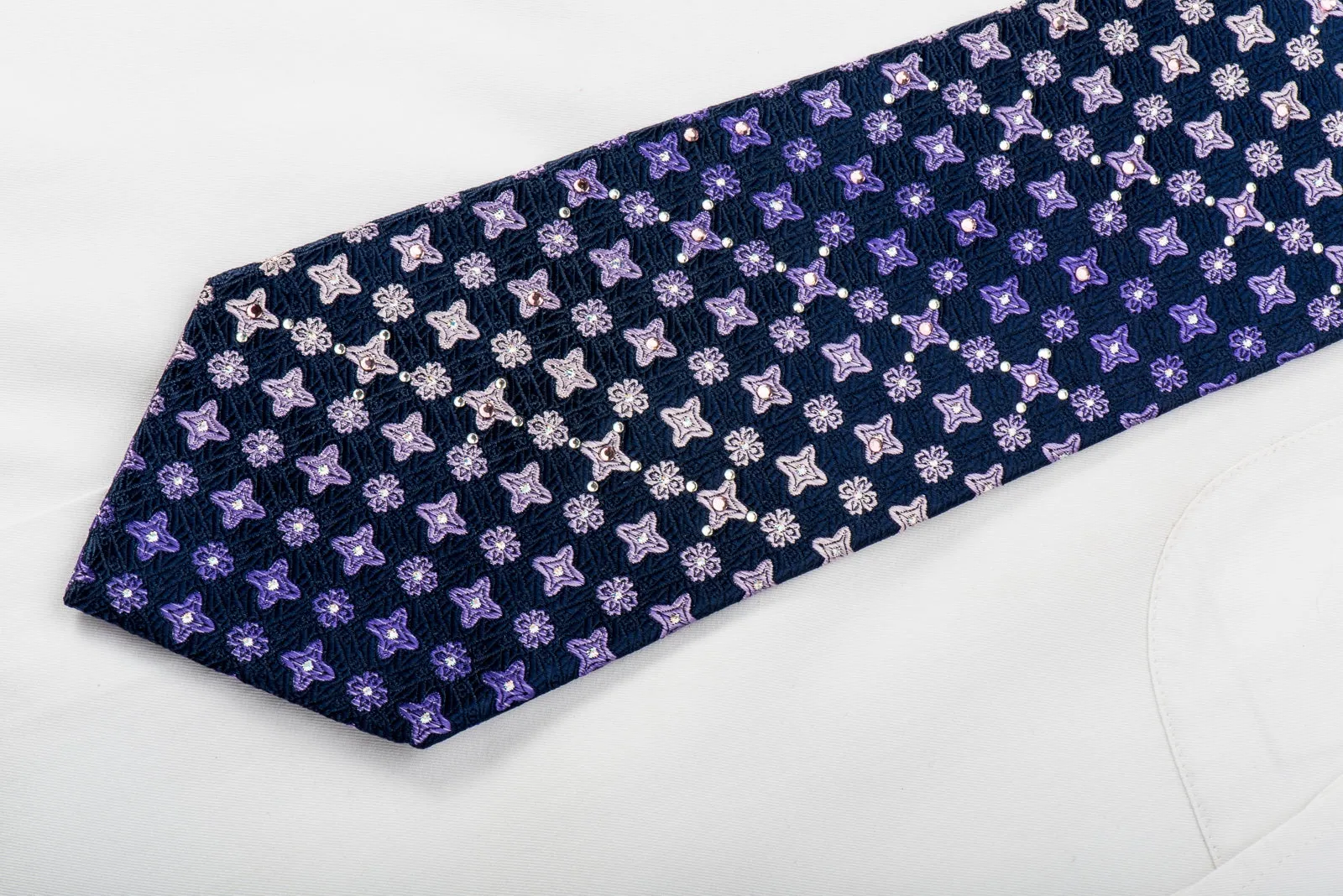Indian Homme Rhinestone Silk Tie Purple Foulard On Navy With Silver Sparkles