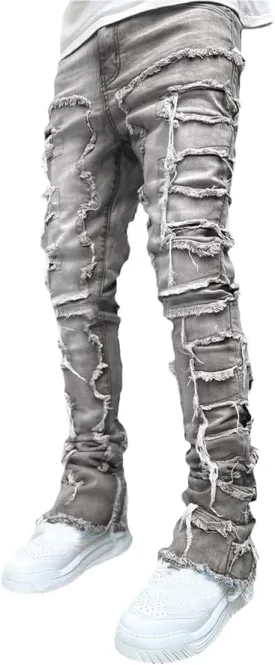KELYWELL Y2K Patchwork Stacked Jeans for Men Stretch Fit Skinny Stacked Ripped Destroyed Jeans Slim Fit Patch Denim Pant