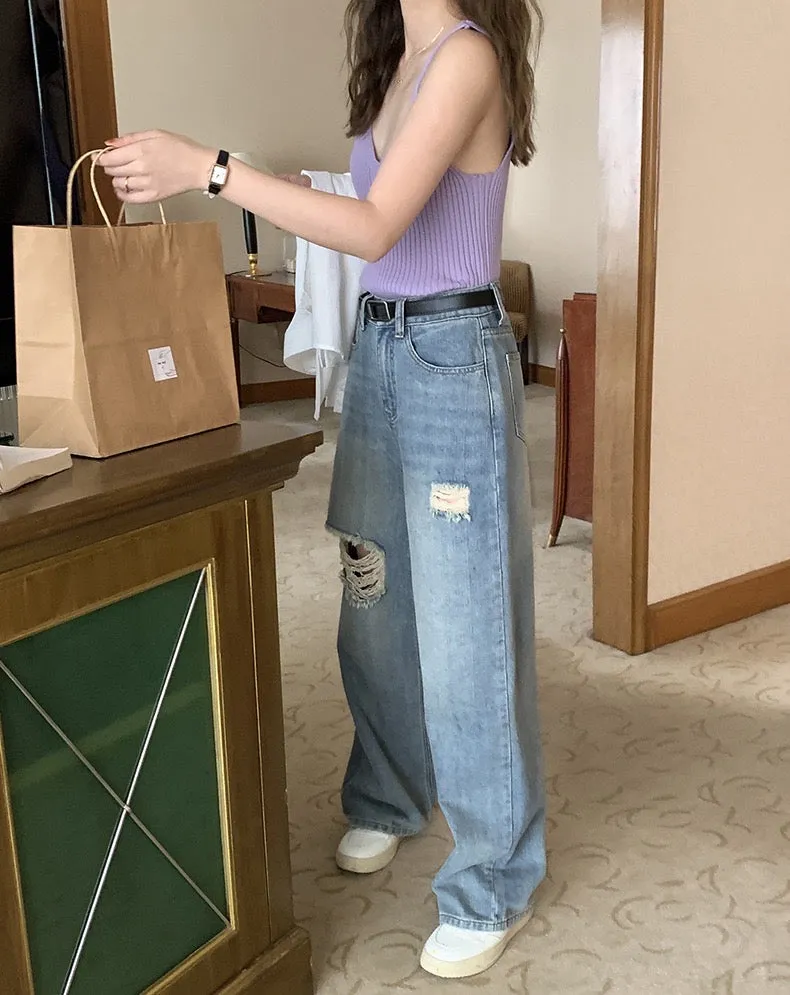 [Korean Style] High Rise Vintage Wash Wide Leg Ripped Jeans
