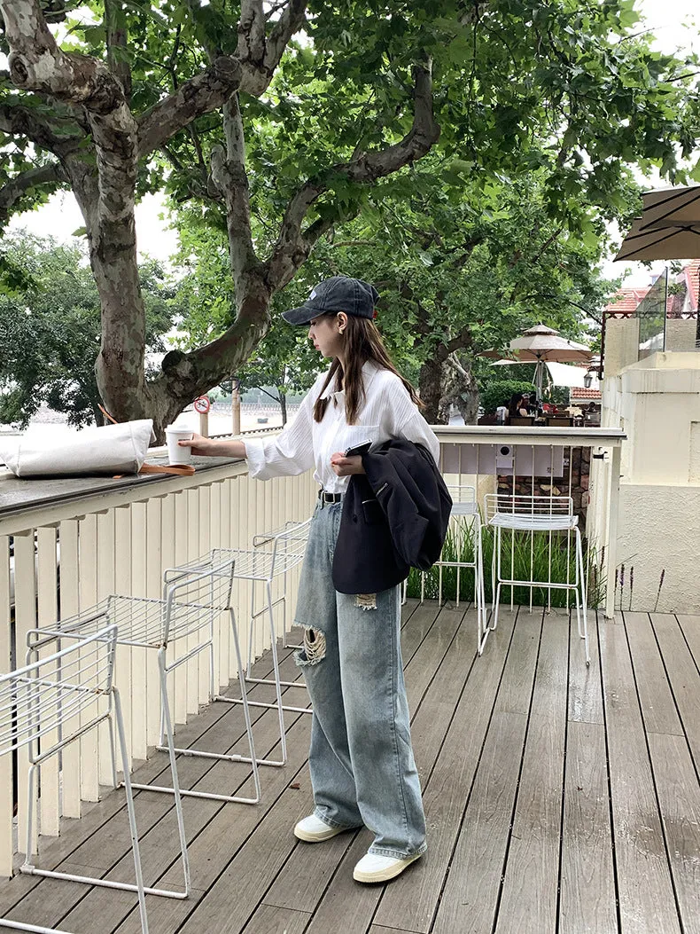 [Korean Style] High Rise Vintage Wash Wide Leg Ripped Jeans