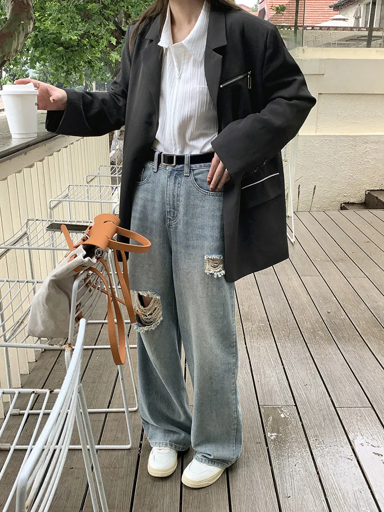 [Korean Style] High Rise Vintage Wash Wide Leg Ripped Jeans